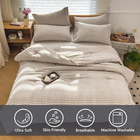 NSNLGSGC Twin Comforter Set, Tan Gingham Bedding Sets, Brown Grid Bed Comforter 2 Pieces (1 Comforter, 1 Pillowcase) NSNLGSGC