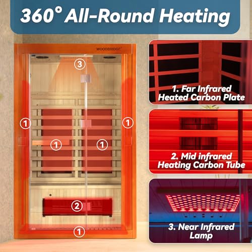 Woodbridge Infrared Home Sauna Room 2 Person Japanese Cedar Indoor Sauna with 7 Carbon Heaters, Red Light Therapy, Bluetooth Speaker, Intelligent Control Panel, Tempered Glass & Top Vent WOODBRIDGE