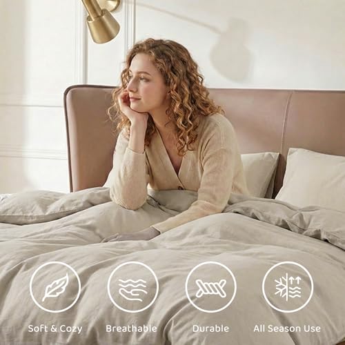 WRENSONGE Light Oatmeal Queen Comforter Set, 7 Pieces Soft Microfiber Comforters Queen Size with Fitted Sheet, Flat Sheet, 2 Pillow Shams, and 2 Pillowcases- Warm Bedding Sets Queen for All Season WRENSONGE
