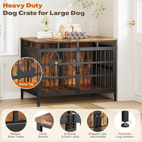 Linvivon 47 Inch Dog Crate Furniture, Heavy Duty Dogs Kennel for Small Medium Large Dogs, Double Doors Indoor Decor Pet House Cage, Anti Escape Wooden Dog Cage with Name Tag End Table, TV Stand, Brown Linvivon