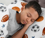 Sweet Jojo Designs Sports Theme Boy Twin Sheets Set Single Size Bed Flat Fitted Sheet Pillow Case Kids Childrens Teenager Bedding 3p Watercolor Soccer Balls Football Baseball Basketball Blue Stars Sweet Jojo Designs