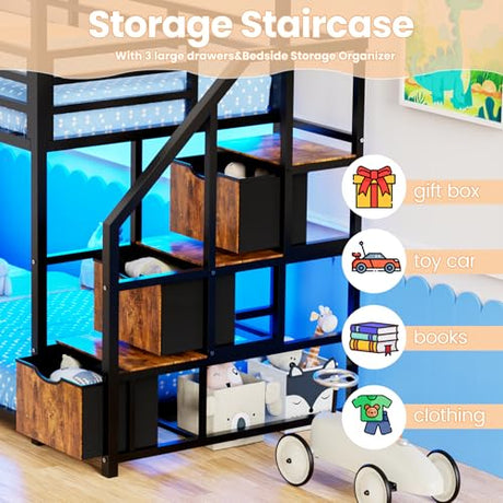Low Bunk Bed Twin Over Twin with Storage Staircase, RGB LED Lights, Drawers & Shelves, Metal Bunk Beds for Kids with Power Outlet, Double Full-Length Guardrails & Metal Slats for Small Space, Black Zerduos