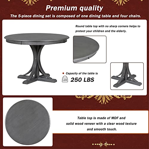 Merax 5-Piece Retro Round Dining Table Set with Curved Trestle Style Legs and 4 Upholstered Chairs, Kitchen Furniture, Dark Gray Merax