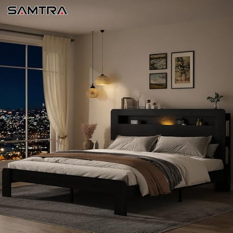 Wooden Bed Frame King Size with Storage Headboard - Farmhouse Platform Bed Frame with Bookcase Shelf & Led Lights, Sturdy Wood Slat Framework Bed Frame (Black LED) SAMTRA