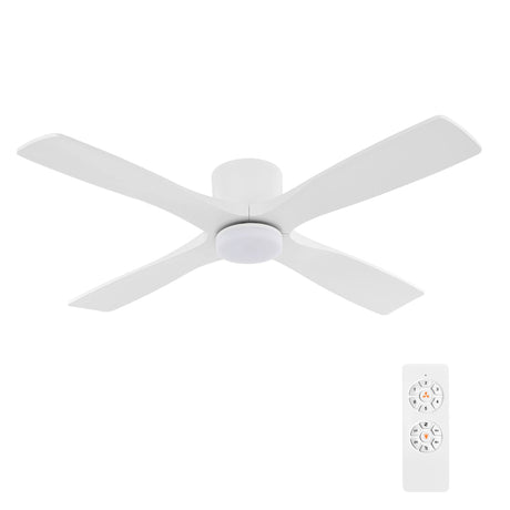 WINGBO 54 Inch Flush Mount DC Ceiling Fan with Lights and Remote, 4 Reversible Carved Wood Blades, 6-Speed Noiseless DC Motor, Hugger Ceiling Fan in Gloss White with White Blades, ETL Listed WINGBO