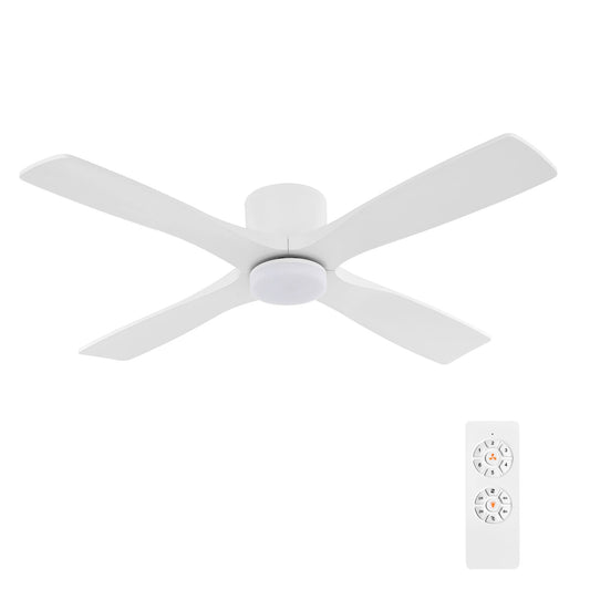 WINGBO 54 Inch Flush Mount DC Ceiling Fan with Lights and Remote, 4 Reversible Carved Wood Blades, 6-Speed Noiseless DC Motor, Hugger Ceiling Fan in Gloss White with White Blades, ETL Listed