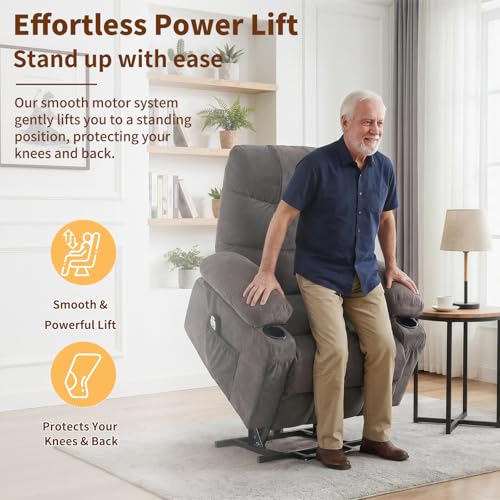 PoteSoar Power Lift Recliner Chair for Elderly with Massage and Heat, Comfortable Electric Power Reclining Chair with Side Pockets,2 Cup Holders and USB Charging Port for Living Room (Grey)