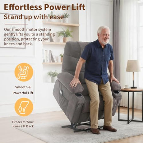 PoteSoar Power Lift Recliner Chair for Elderly with Massage and Heat, Comfortable Electric Power Reclining Chair with Side Pockets,2 Cup Holders and USB Charging Port for Living Room (Grey) PoteSoar