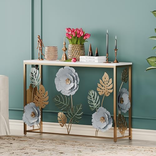 FormaCraft Vintage Console Table with Metal Flower Design, 47" Modern Faux Marble Entryway Table, Narrow Gold Sofa Table for Living Room, Hallway, Bedroom FormaCraft