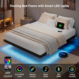GalnFu Full Size Floating Bed Frame with LED Lights and Charging Station, Metal Platform Bed Frame with Heavy Duty Steel Slats Support, Noise-Free, No Box Spring Needed, Easy Assembly GalnFu