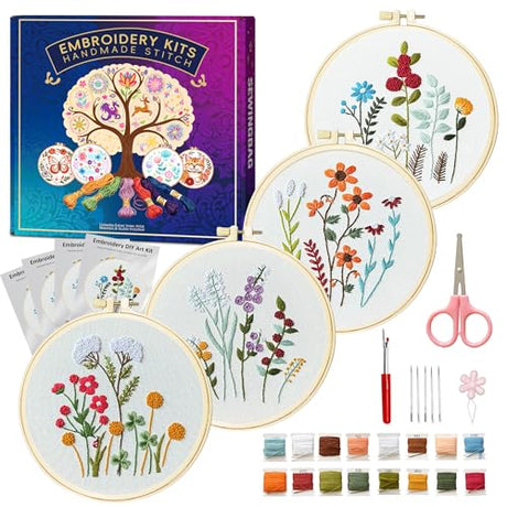 Huacan Embroidery Kit for Adults Beginner - Embroidery Kits for Adults Beginner 4 Pcs Stamped Floral Pattern, Hand Art Craft, DIY Sewing Kit with Box 7.9 x 7.9 Inch Huacan