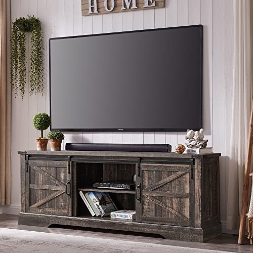 OKD Farmhouse TV Stand for 75 Inch TV with Sliding Barn Door, Rustic Wood Entertainment Center Large Media Console Cabinet Long Television Stands for 70 Inch TVs, Dark Rustic Oak