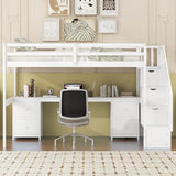Harper & Bright Designs Twin Size Loft Bed with Stairs and Desks, Wood Loft Bed Frame with Storage Drawers, White Harper & Bright Designs