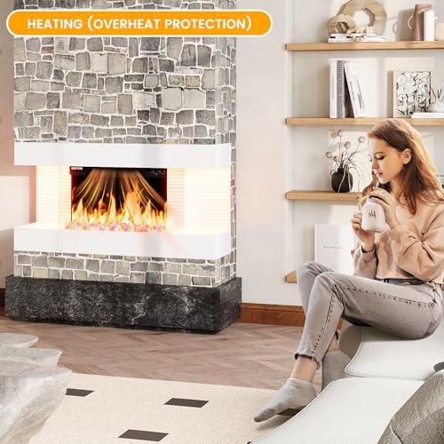 COCO DESIGN 32-Inch Floating Mantel with 18 Inch Wall Mounted Electric Fireplace, All-in-One Fireplace with Colored Crystal Stone, Multi Ambient Light Colors with Remote, 1500W Heater, White COCO DESIGN