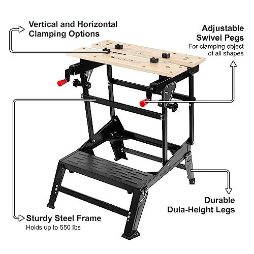 ELEVON Multifunctional Workbench, Portable Foldable Workbench, Holds Up to 550 Pounds, with Adjustable Jaws, Vertical Clamping and Four Adjustable Rotating Pins, Suitable for DIY, Woodworking - WoodArtSupply