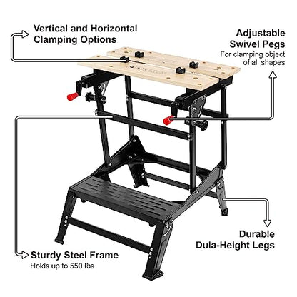 ELEVON Multifunctional Workbench, Portable Foldable Workbench, Holds Up to 550 Pounds, with Adjustable Jaws, Vertical Clamping and Four Adjustable Rotating Pins, Suitable for DIY, Woodworking - WoodArtSupply