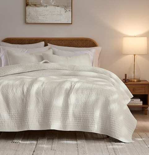 palassio Striped Beige 100% Cotton Quilt Queen Size Bedding Sets, Lightweight Crinkly Channel Pick Stitch Textured Bedspread Soft Shabby Chic Farmhouse Country Coverlet for All Season, 2 Shams palassio