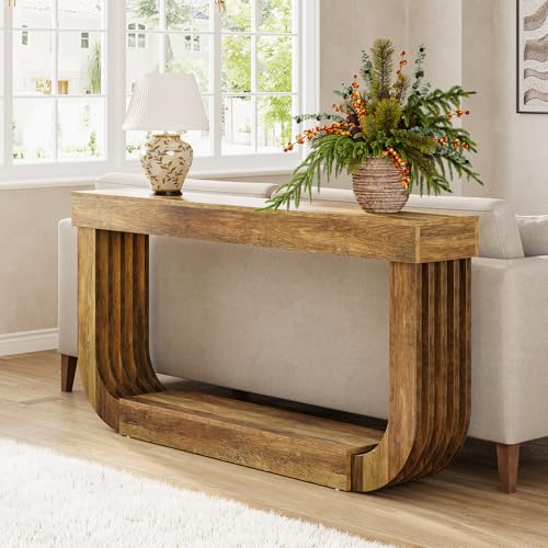 LITTLE TREE 70.9-Inch Extra Long Narrow Console Table, 2-Tier Brown Wooden Sofa Table for Living Room, Large Hallway Foyer Table with Heavy Duty U-Shaped Pedestal LITTLE TREE