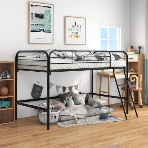 Majnesvon Metal Low Loft Bed Twin Size with Sturdy Steel Frame, Twin Loft Bed Frame with Ladder and Safety Guardrails, Storage Space Under The Bed for Kids, Toddlers, Teens (Black) Majnesvon