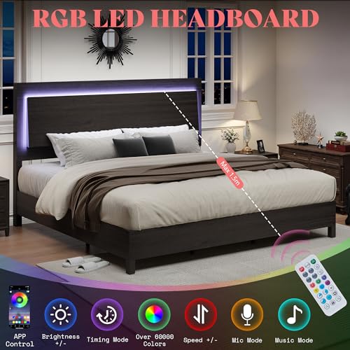 AMERLIFE Rustic Black King Bed Frame with LED Headboard - Stylish Platform Bed with Wooden Slats Support, No Box Spring Needed AMERLIFE