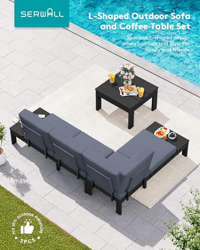 SERWALL HDPE Patio Furniture Set, All-Weather Outdoor Sofa Set, Seats 4, Patio Conversation Set, Modular Outdoor Sectional Furniture for Garden, Porch and Backyard, Black Frame with Grey Cushion SERWALL