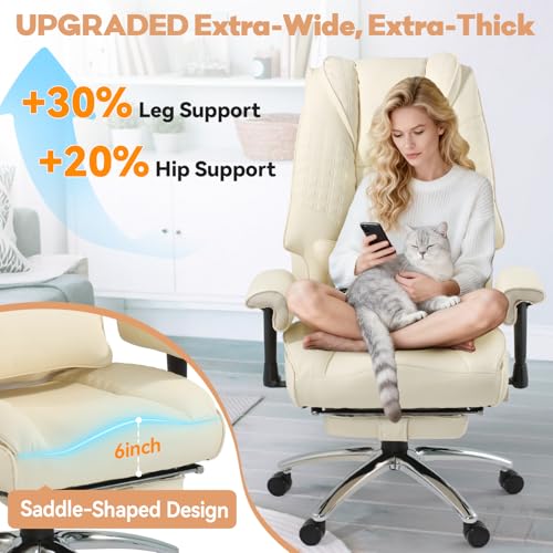 Mvpipi Massage & Heated Office Chair with Foot Rest, Ergonomic Executive Office Chair with Reclining Backrest, Adjustable Arms and Lumbar Support, High Back Leather Desk Chairs for Home Office, Beige Mvpipi
