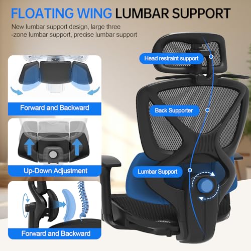 Freepub Ergonomic Mesh Office Chair, Home Desk Chair Comfy with Adjustable Lumbar Support 3D Headrest and Armrests, Reclining Big and Tall High Back Computer Gaming Chairs for Man Women, 350lbs Black Freepub