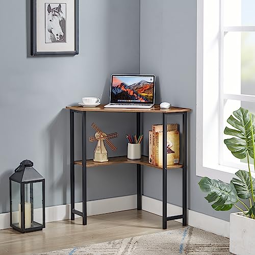 VECELO Corner Computer Desk 33 x 23 inches with Storage Shelves for Small Spaces,Triangular Shape,Brown - WoodArtSupply