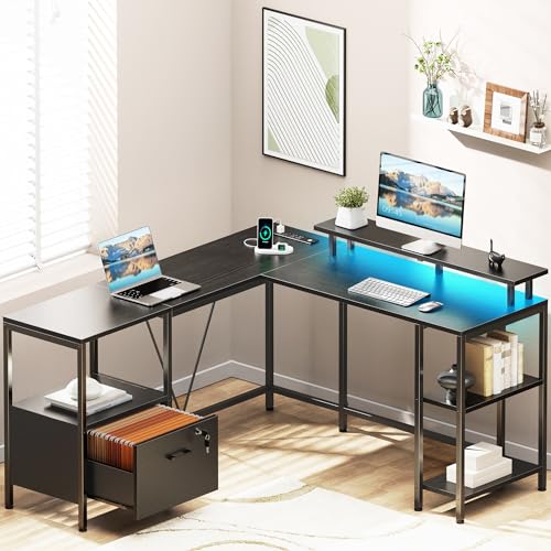 Huuger L Shaped Computer Desk with Power Outlets & LED Lights, Reversible Computer Desk with File Cabinet & Storage Shelves, Corner Desk Home Office Desk, Black - WoodArtSupply