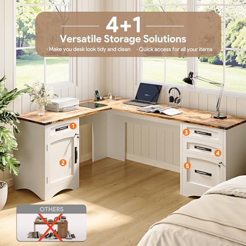 Decofy L Shaped Farmhouse Executive Desk with Drawers, 67" Home Office Desks with Fast Charging Station, Lockable File Cabinet, Wood Writing Computer Desk for Work, Study, White Decofy