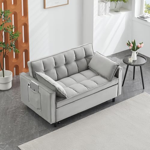 Anwick Modern Sleeper Sofa Bed,3-in-1 Convertible Pull Out Couch Bed Futon Sofa w/Reclining Adjustable Backrests,Pillows,55''Velvet Loveseat Sofa for Compact Home Bedroom Office (Grey, 55'') Anwick
