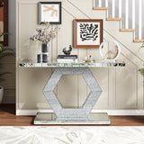 55'' Mirrored Console Table Long Mirrored Sofa Table for Living Room Office, Hexagon Design Crystal Accents, Modern Entryway Console Desk for Hallway Entrance, 55''x14.2'' Glass Top Henf
