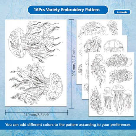 BENECREAT 4 Sheets 16 Pcs Jellyfish Water Soluble Embroidery Pattern, Stick and Stitch Embroidery Paper Wash Away Designs, Embroidery Starter for Beginners DIY Craft, Sewing Embroidery BENECREAT
