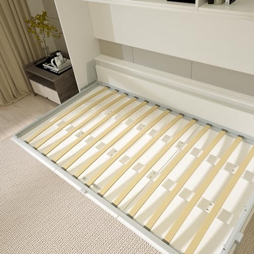 Ball & Cast Horizontal Murphy Bed Twin Size with Shelf Storage,Mordern Design Hideaway Cabinet Wall Bed w Gas Struts,Wood Folding Space-Saving Furniture for Bedroom,Student Dorms,White Ball & Cast