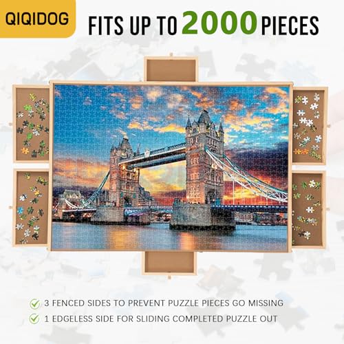 Qiqidog 2000 Pieces Puzzle Board with 6 Drawers and Cover, 29"x41" Wooden Jigsaw Puzzle Table for Adults, Portable Puzzle Organizer & Storage System, Birthday Gift for Mom - WoodArtSupply