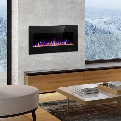 R.W.FLAME 36 inch Recessed and Wall Mounted Electric Fireplace, Ultra Thin ad Low Noise, Fit for 2 x 4 and 2 x 6 Stud, Remote Control with Timer,Touch Screen,Adjustable Flame Color and Speed R.W.FLAME