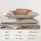 DJY 3 Pieces Quilt Set King Taupe Floral Pattern Quilt Coverlet Set Boho Floral Bedspread with 2 Pillow Shams Elegant Flower Bedding Quilt Set for All Season (Brown, 104"x 90") DJY