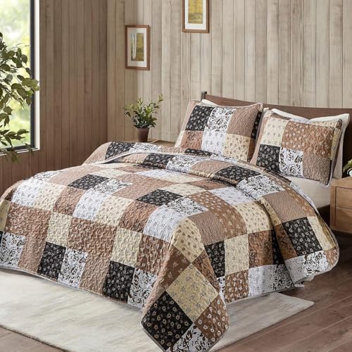 Mybedsoul Brown Quilt Set Twin Size, 2 Pieces Plaid Floral Bedspread Set Patchwork Reversible Bedding Set Microfiber Lightweight Bedspread Coverlet Set for All Season 68"x86" Mybedsoul