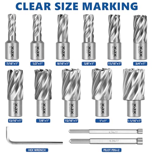 XJX 14 Pcs Annular Cutter Set, 3/4 Inch Weldon Shank 1” Cutting Depth 7/16 to 1-1/16 Inch Cutting Diameter Magnetic Drill Press Bits with 2 Pilot Pin and Hex Wrench - WoodArtSupply