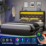 Rolanstar Queen Size Bed Frame with Charging Station, LED Bed with Under Bed Storage, Adjustable Headboard 38.9/40.8 Inches, No Box Spring Needed, Noise Free, Easy Assembly, Black Rolanstar