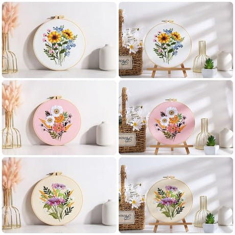 Offizon 3 PCS Embroidery Kit for Beginners - Cross Stitch DIY Craft Set, Flower Embroidery Accessories & Hoop Included, Hand Embroidery Kit for Adults Stitching Sewing Kit Gift | FlowerB Patterns Offizon