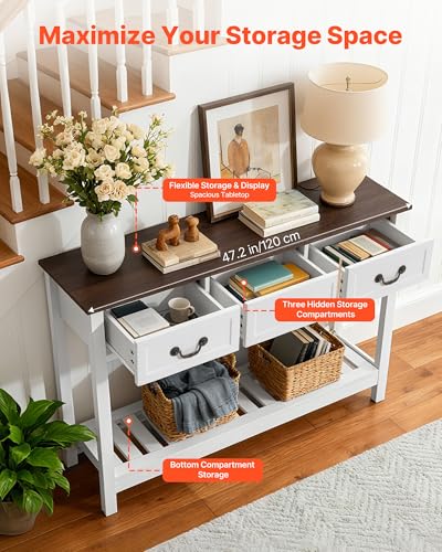 VEVOR 47 in Console Table, Farmhouse Desk Behind The Couch with Drawers and Bottom Storage Shelf, Wooden Rectangle Entrance Narrow Sofa Table for Hallway, Bedroom, Living Room, Foyer, Brown + White VEVOR