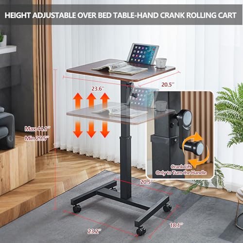 Mobile Standing Desk,Height Adjustable Overbed Bedside Table with Wheels&Cup Holder,Hand Crank Sit Stand Desk and Laptop Cart,Computer Workstation for Home Office Classroom Hospital (Manual Walnut) BeGyoku