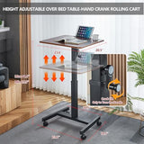 Mobile Standing Desk,Height Adjustable Overbed Bedside Table with Wheels&Cup Holder,Hand Crank Sit Stand Desk and Laptop Cart,Computer Workstation for Home Office Classroom Hospital (Manual Walnut) BeGyoku