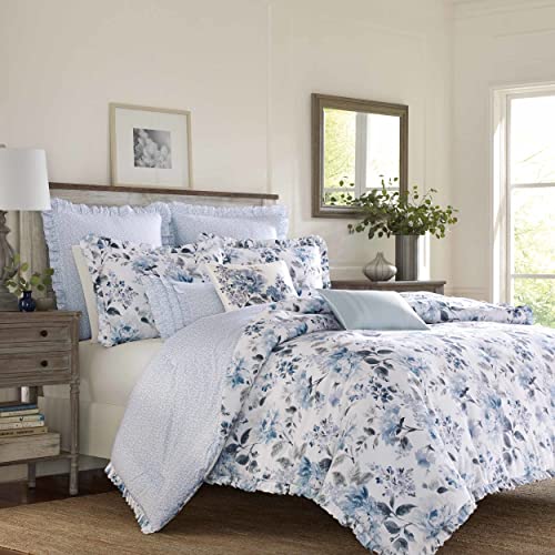 Laura Ashley Home - King Comforter Set, Reversible Cotton Bedding with Matching Shams, Stylish Home Decor for All Seasons (Chloe Blue, King) Laura Ashley