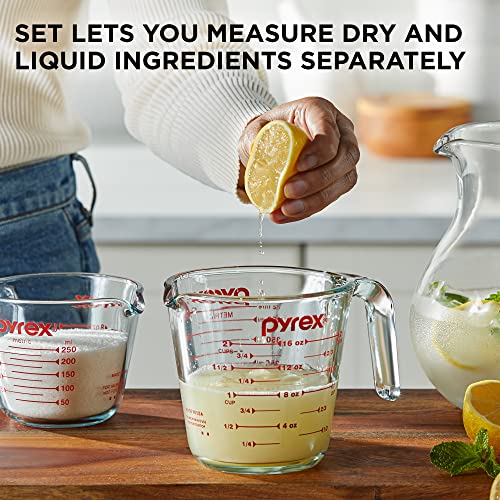 Pyrex 2 Piece Glass Measuring Cup Set, Includes 1-Cup, and 2-Cup Tempered Glass Liquid Measuring Cups, Dishwasher, Freezer, Microwave, and Preheated Oven Safe, Essential Kitchen Tools Pyrex