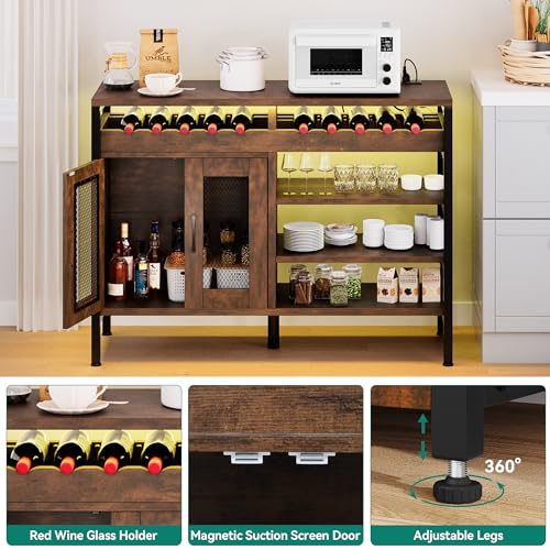 YITAHOME 47" Rustic Brown Wine Bar Cabinet with Power Outlets, LED Lights, and Spacious Storage YITAHOME