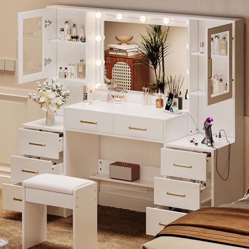 58.3" Large Vanity Desk with Mirror & Lights, Makeup Vanity with 10 LED Lights, 8 Metal Sliding Drawers & 2 Cabinets, White Vanity Set with Stool & Power Outlet 3 Lighting Modes Adjustable Brightness