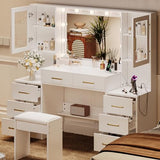 58.3" Large Vanity Desk with Mirror & Lights, Makeup Vanity with 10 LED Lights, 8 Metal Sliding Drawers & 2 Cabinets, White Vanity Set with Stool & Power Outlet 3 Lighting Modes Adjustable Brightness UGTOO