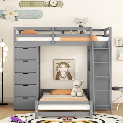 Merax Twin Multifunction Bunk Bed with Desk/Storage Drawers, Wood Bunk Bed with LED Light and USB Ports for Boys, Girls, No Box Spring Needed Gray Merax